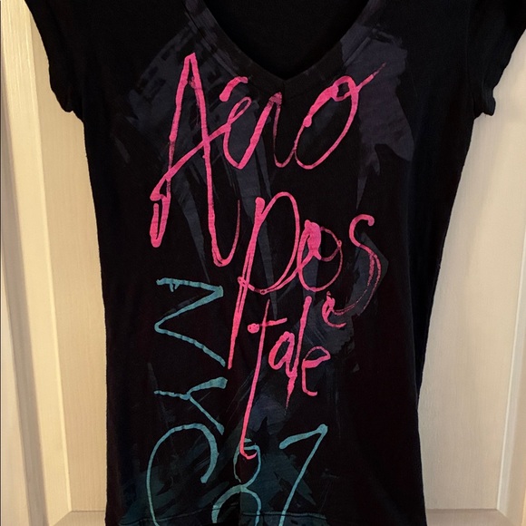 Aeropostale Black Tee with Pink and Blue Graphic - Picture 2 of 4